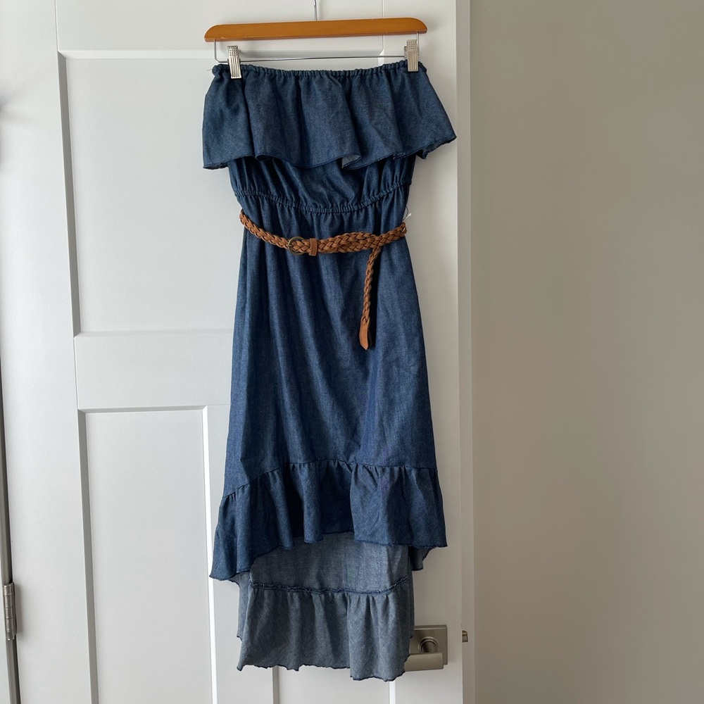 Strapless denim dress with belt